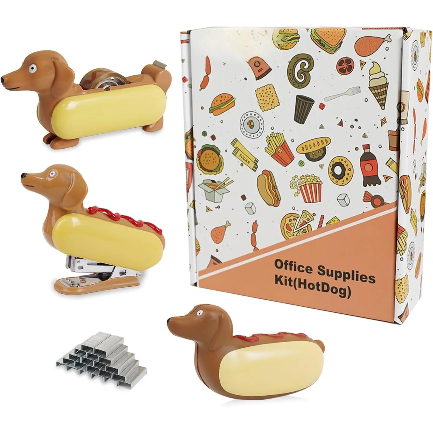 Desktop stapler Kit, office supply kit includes tape dispenser and mini stapler, mini dachshund hot dog design