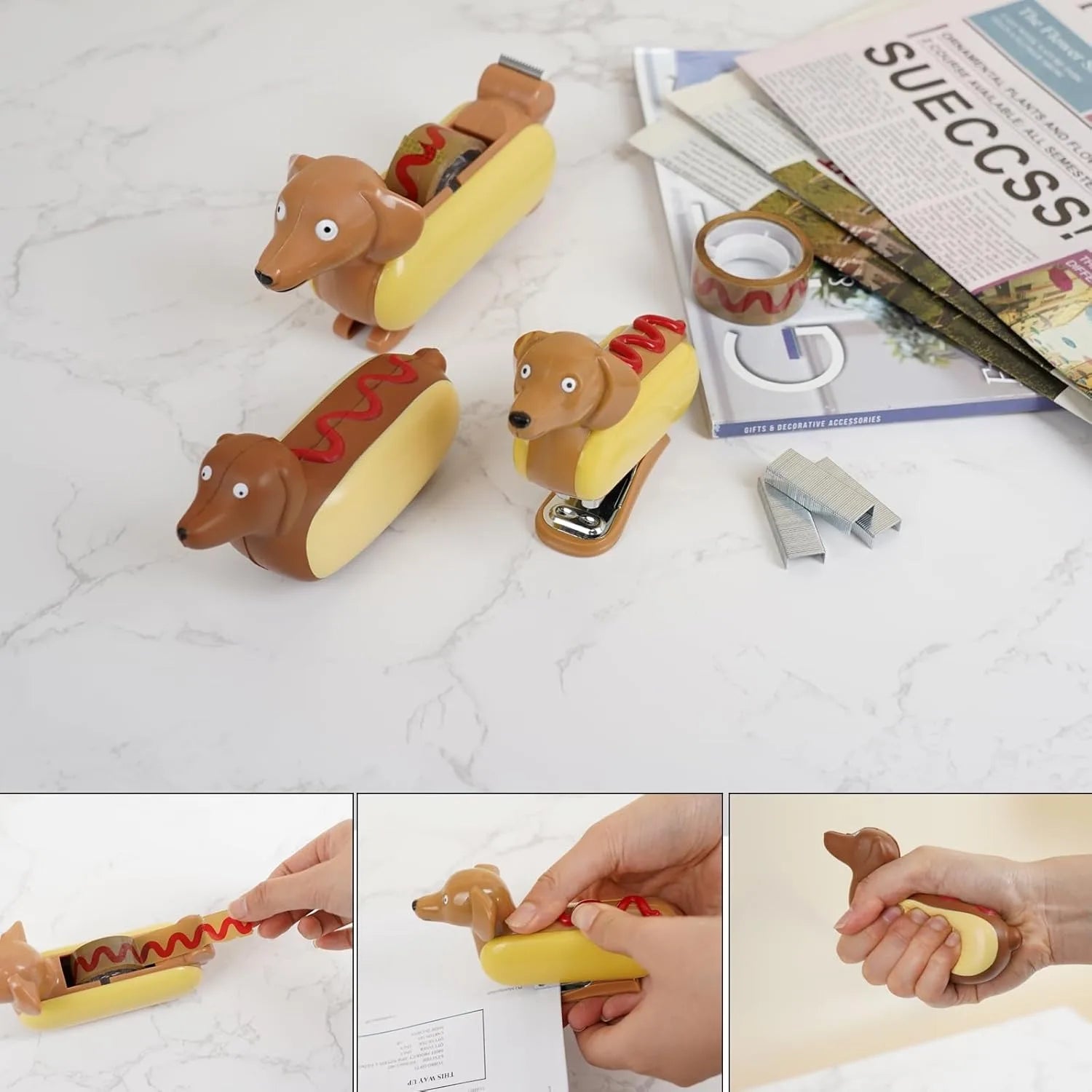 Desktop stapler Kit, office supply kit includes tape dispenser and mini stapler, mini dachshund hot dog design